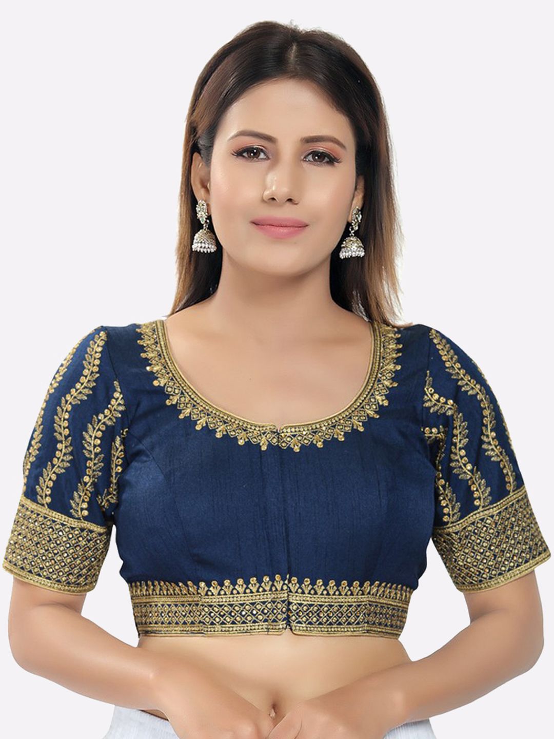 SALWAR STUDIO Women Navy Blue & Golden Silk Embroidered Saree Blouse Price in India