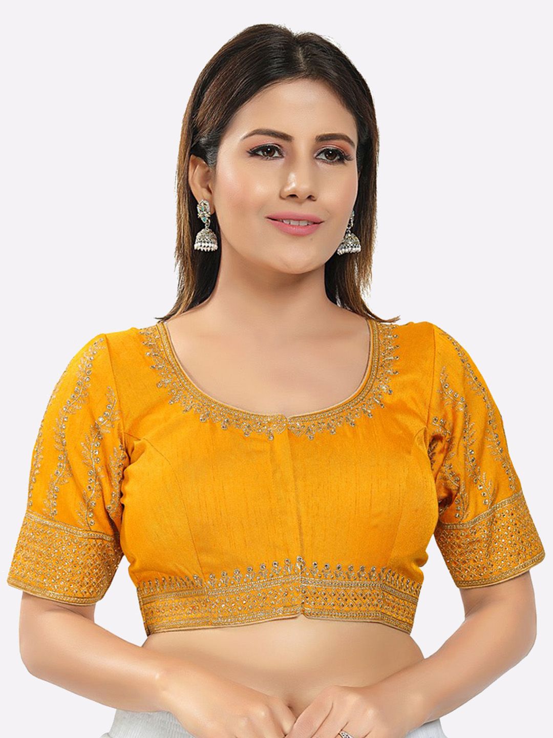 SALWAR STUDIO Women Yellow & Gold-Coloured Embroidered Silk Blouse Price in India