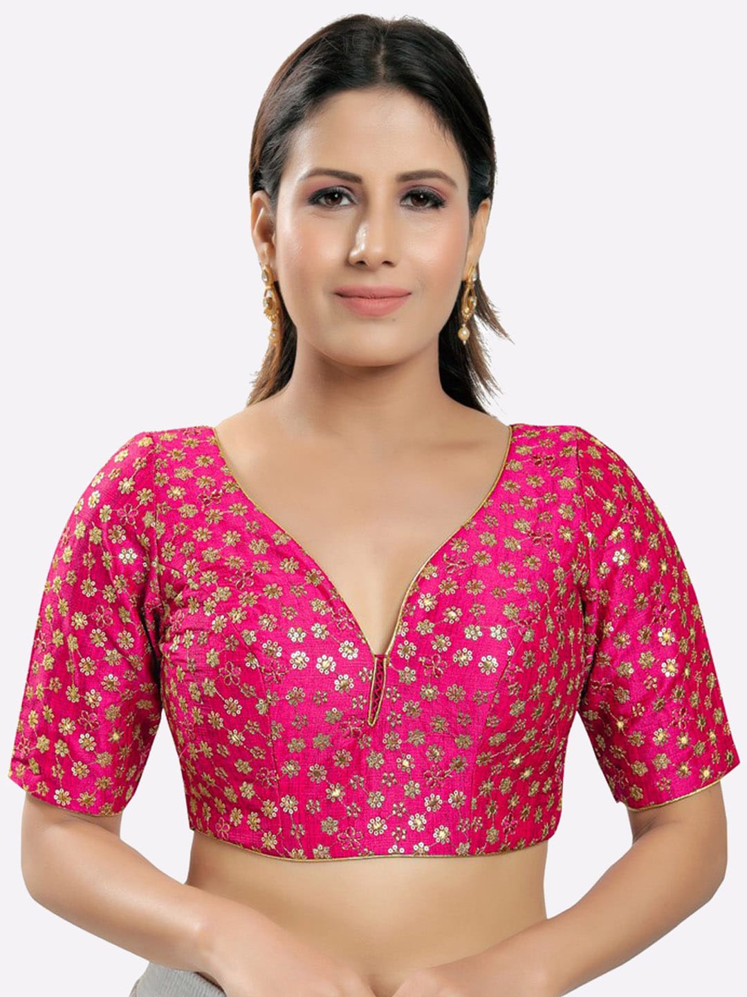 SALWAR STUDIO Women Pink Sequin Embroidered Mulburry Silk Readymade Saree Blouse Price in India