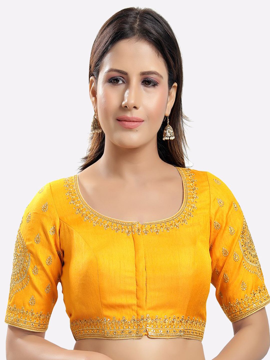 SALWAR STUDIO Women Yellow & Golden Embroidered Readymade Saree Blouse Price in India