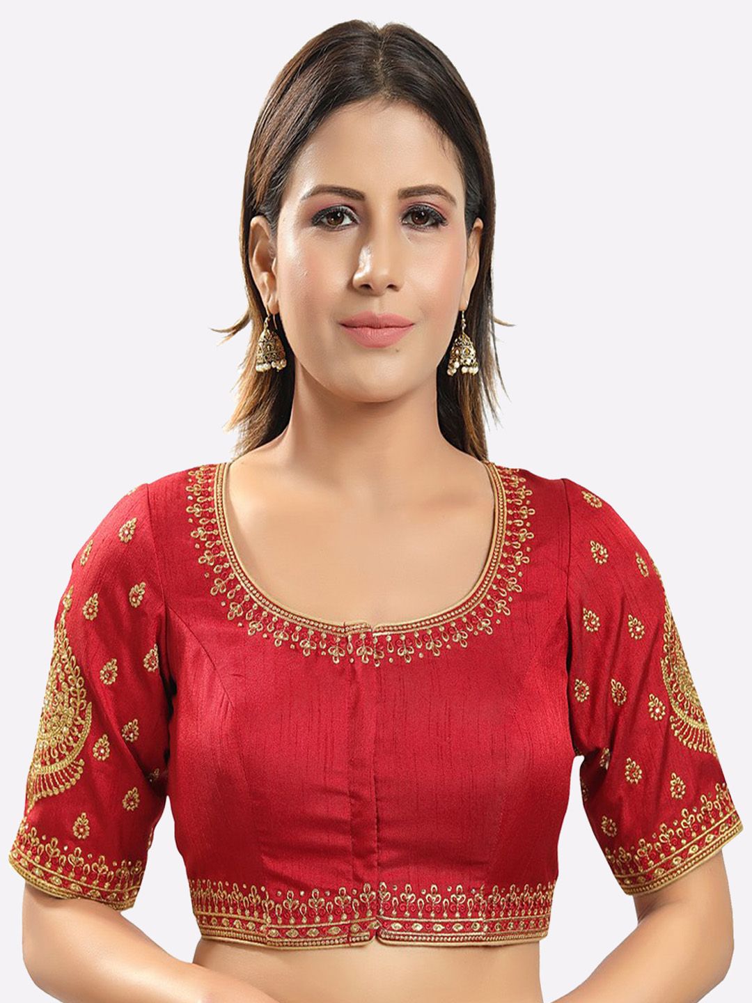 SALWAR STUDIO Women Maroon Jain Silk Embroidered Readymade Saree Blouse Price in India