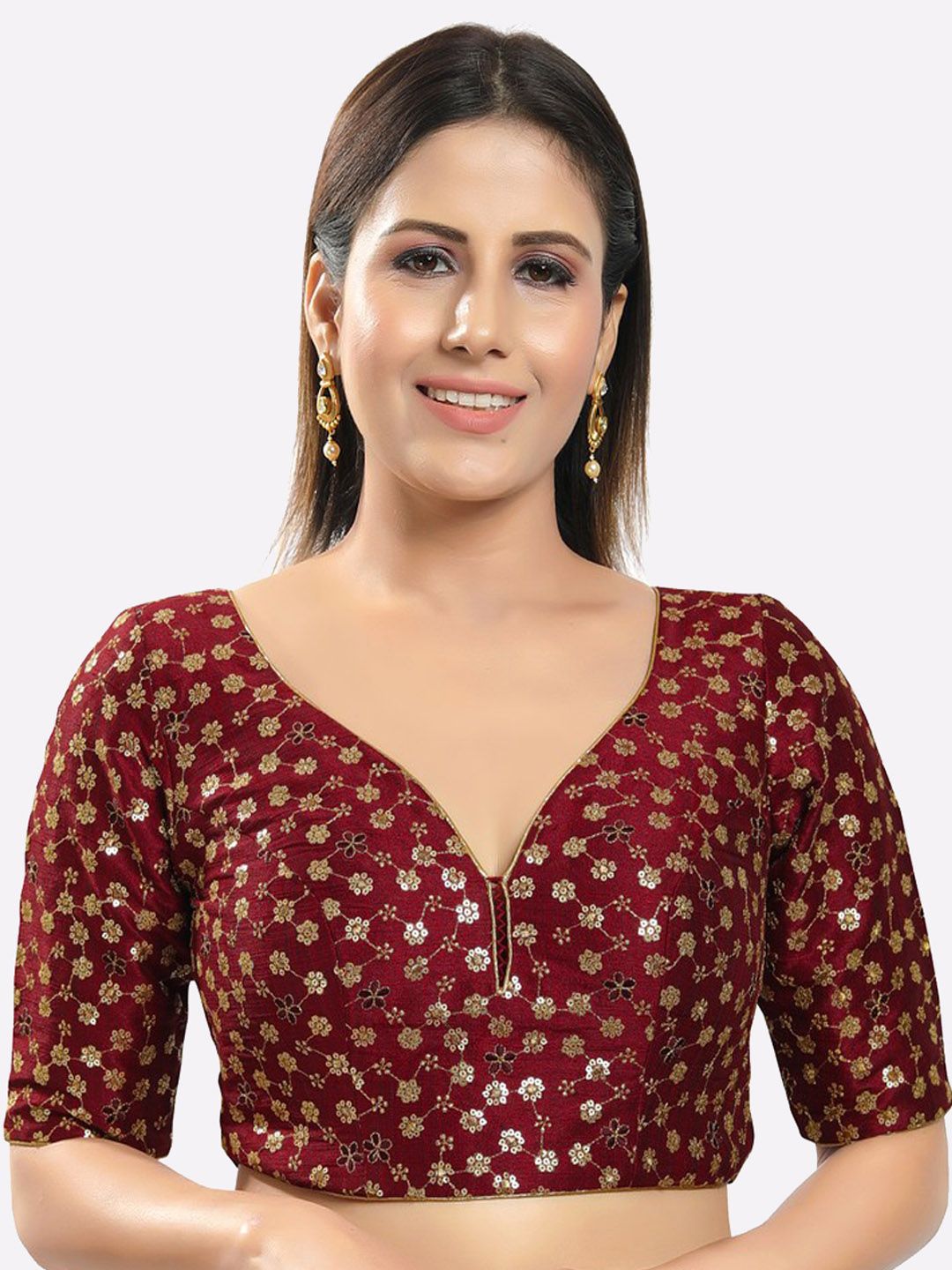 SALWAR STUDIO Women Gold-Toned & Maroon Embroidered Readymade Saree Blouse Price in India