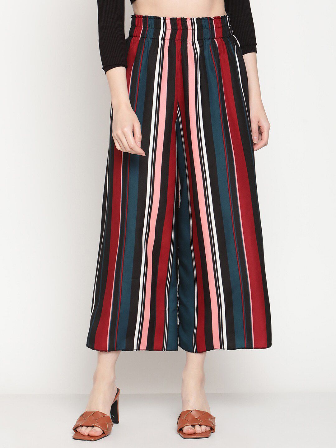 COASTLAND Women Red & Pink Striped Knitted Cropped Palazzos