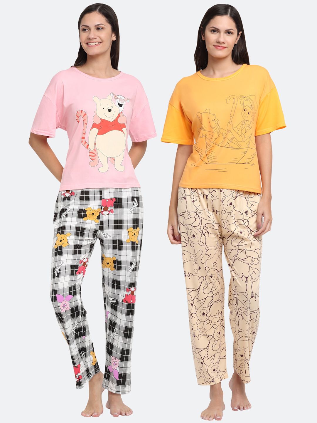 KLOTTHE Women Set Of 2 Yellow & Pink Cartoon Characters Printed Night Suit Price in India