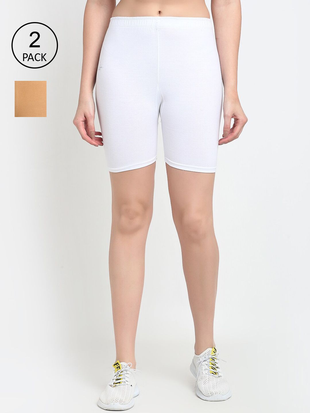 Jinfo Women White & Beige Pack Of 2 Cycling Sports Shorts Price in India