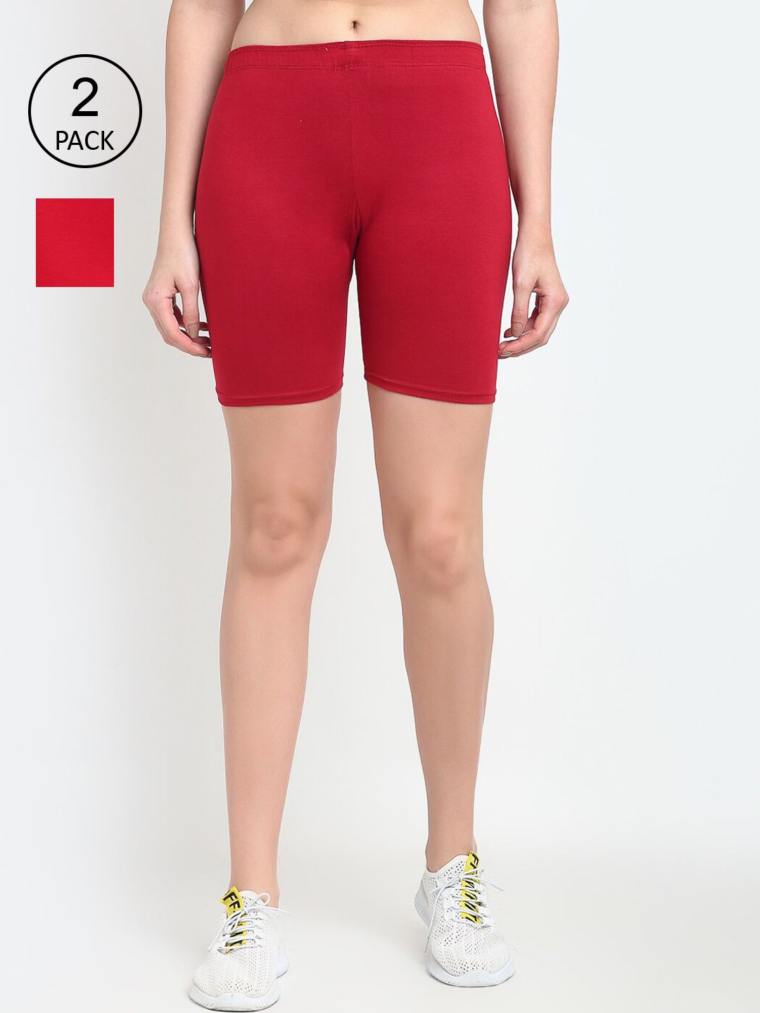 Jinfo Women Red & Maroon Pack Of 2 Cycling Sports Shorts Price in India