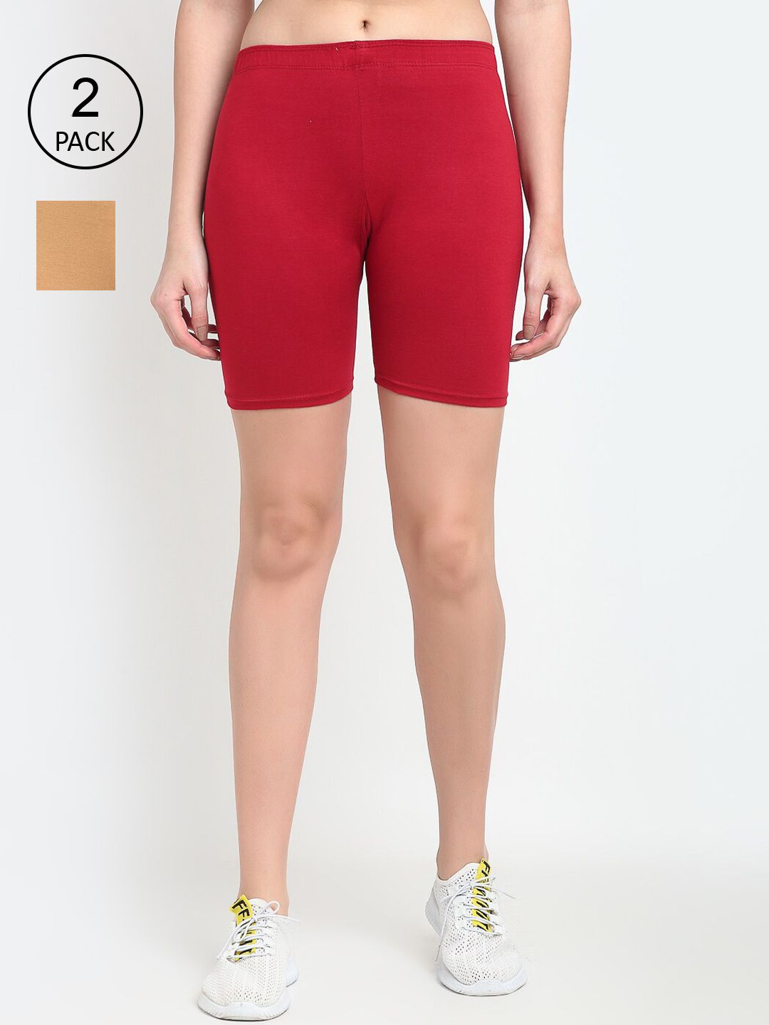 Jinfo Women Beige & Maroon Pack Of 2 Cycling Sports Shorts Price in India