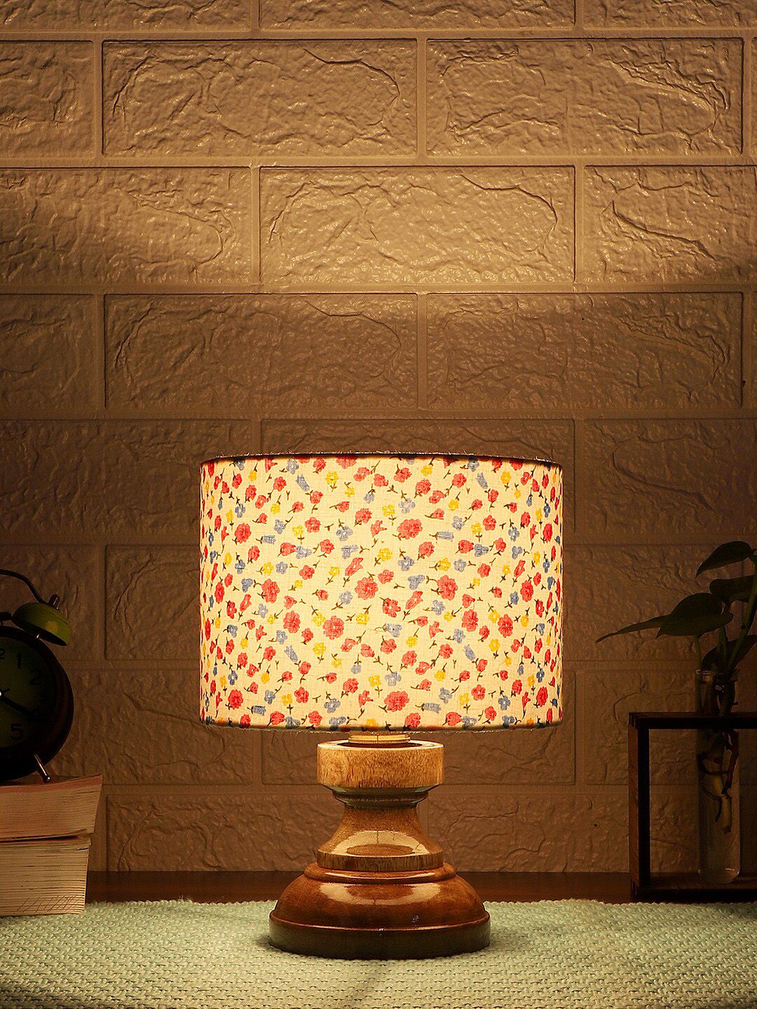 Devansh White & Pink Printed Cylinder Wooden Table Lamp With Cotton Shade Price in India