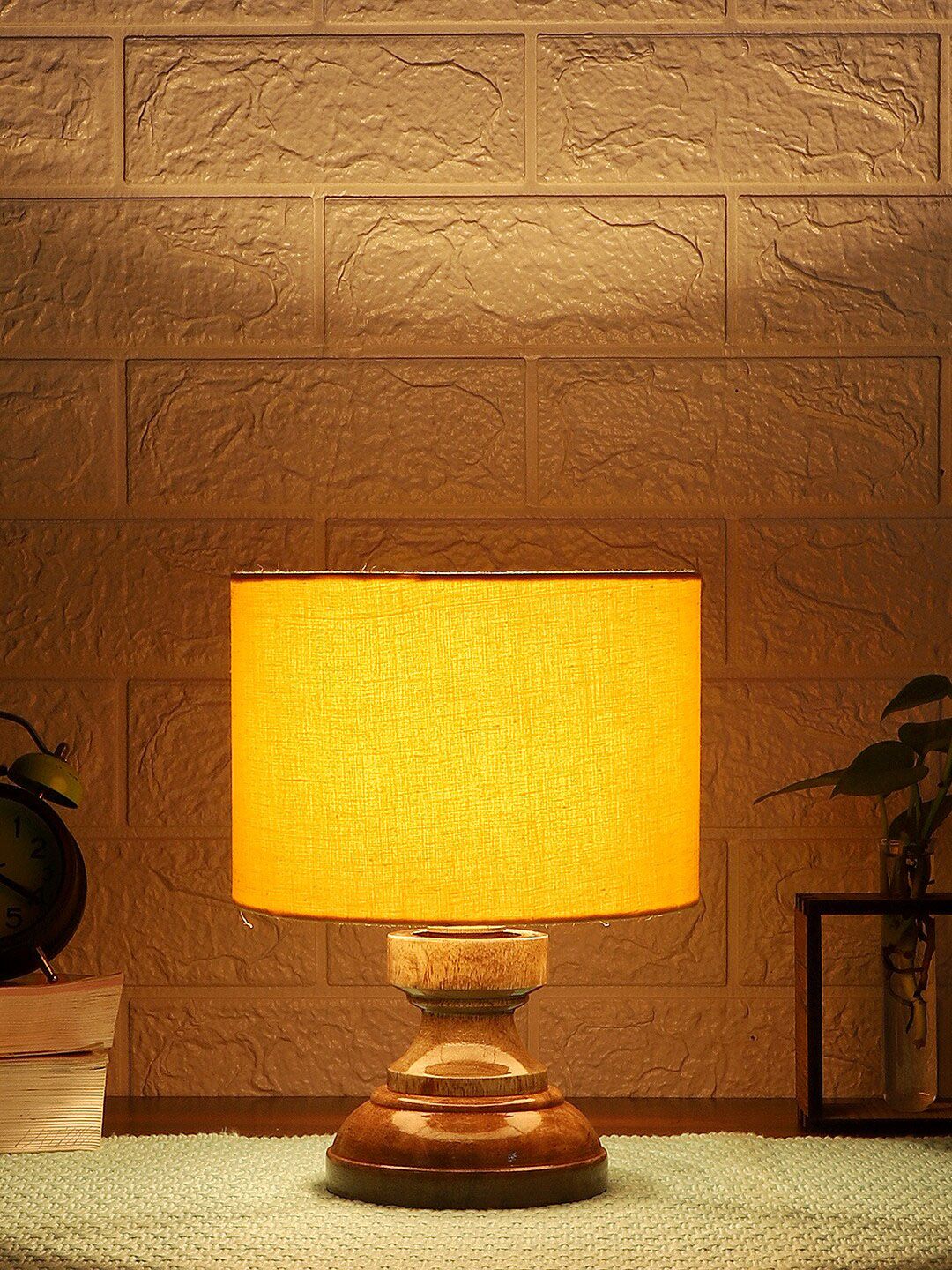 Devansh Yellow Wood Table Lamp With Cylindrical Cotton Shade Price in India