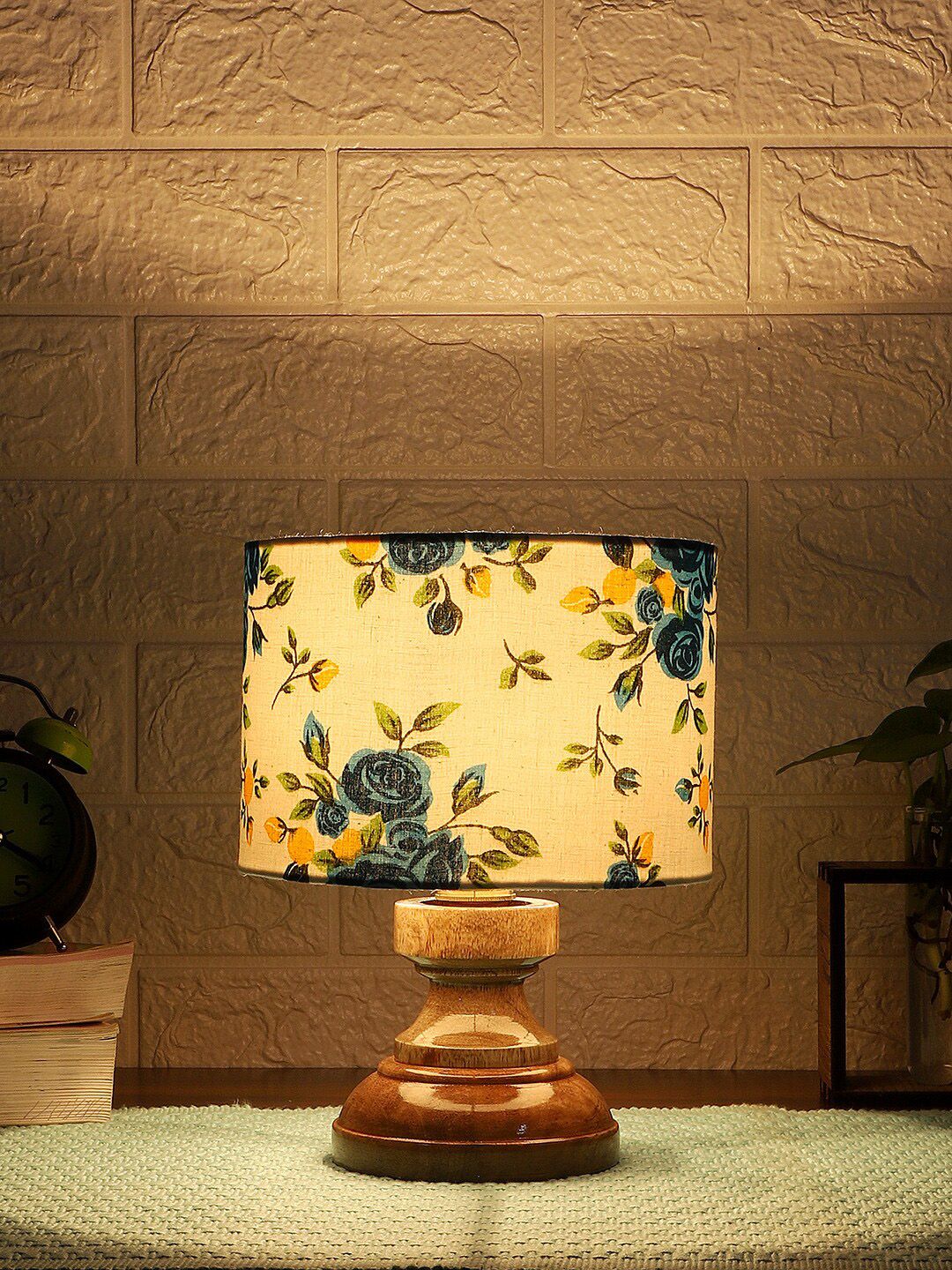 Devansh White & Blue Floral Printed Cotton Table Lamp with Wood Base Price in India