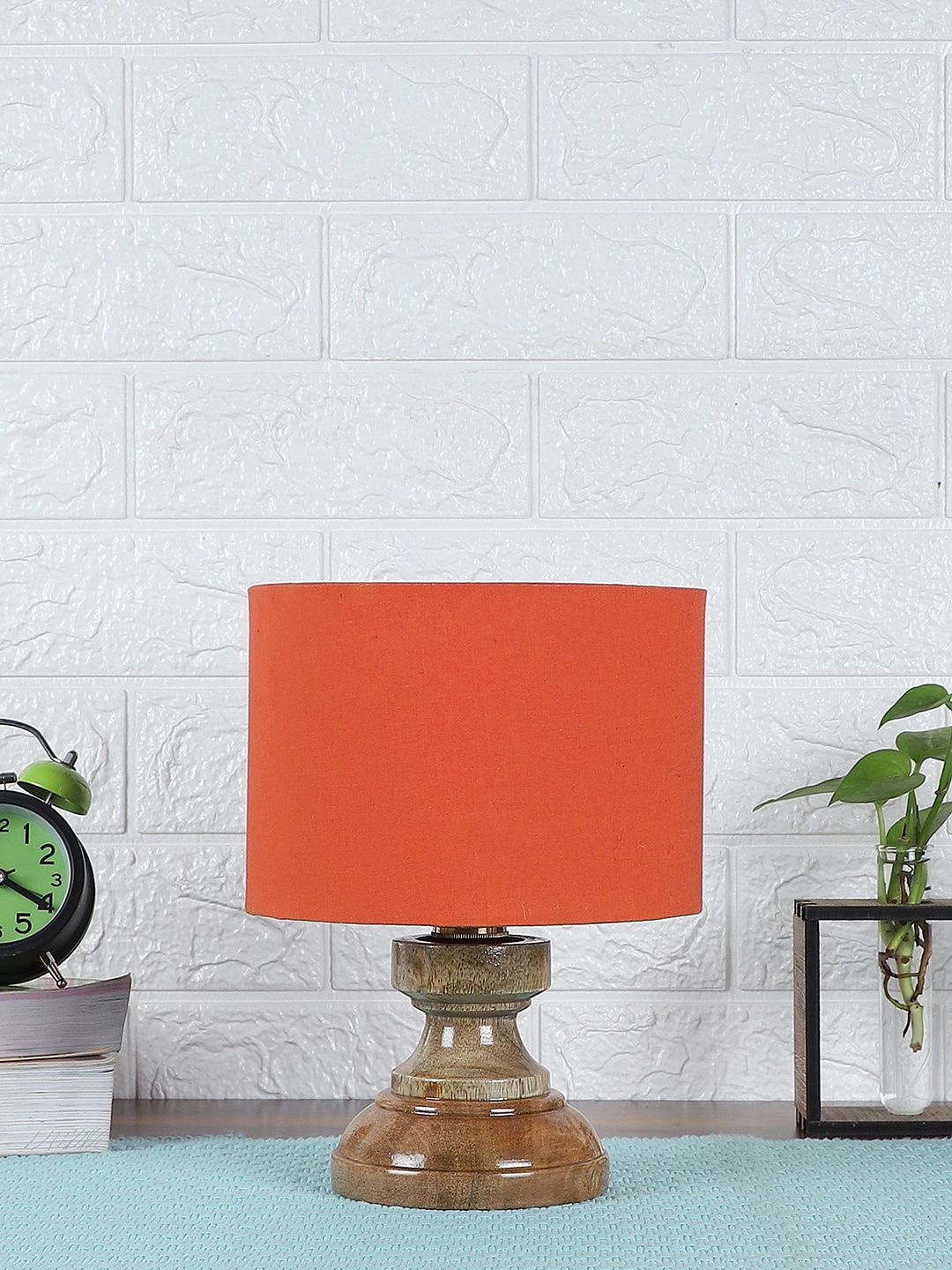 Devansh Orange Wooden Table Lamp With Cotton Shade Price in India