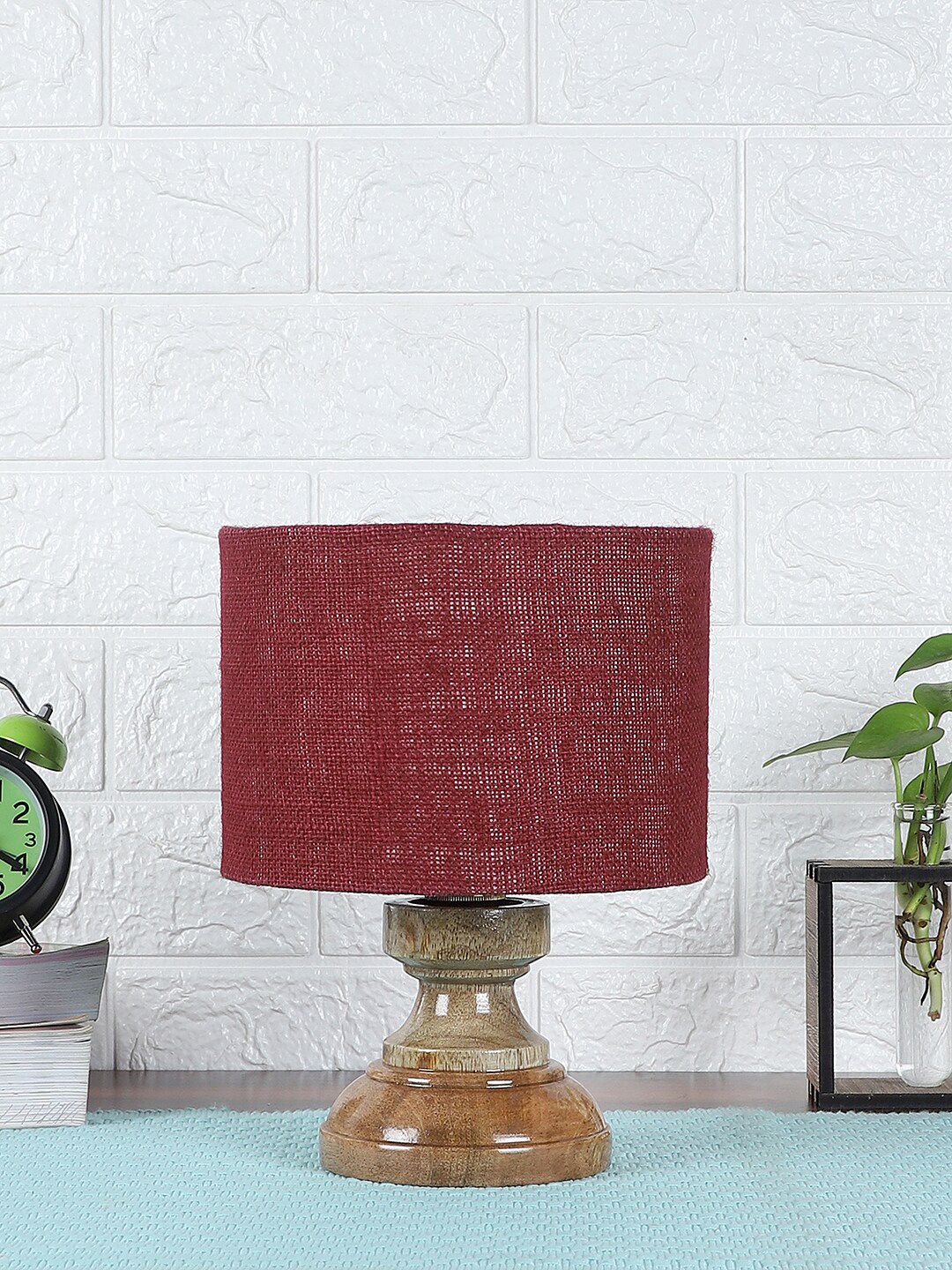 Devansh Maroon Wooden Table Lamp With Jute Shade Price in India