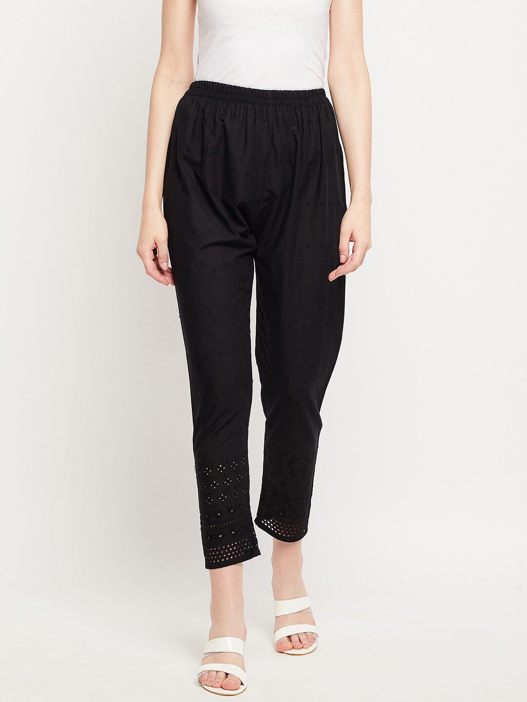 Clora Creation Women Black Chikankari Embroidered Cotton Cropped Trousers