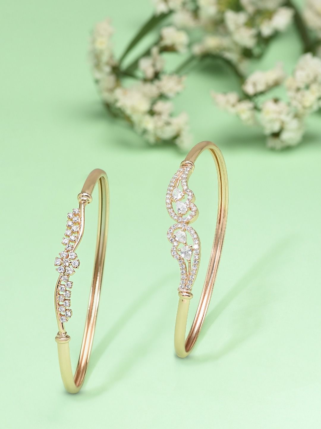 Zaveri Pearls Women Set of 2 Rose Gold-Plated White Brass Cubic Zirconia Kada Bracelets Price in India