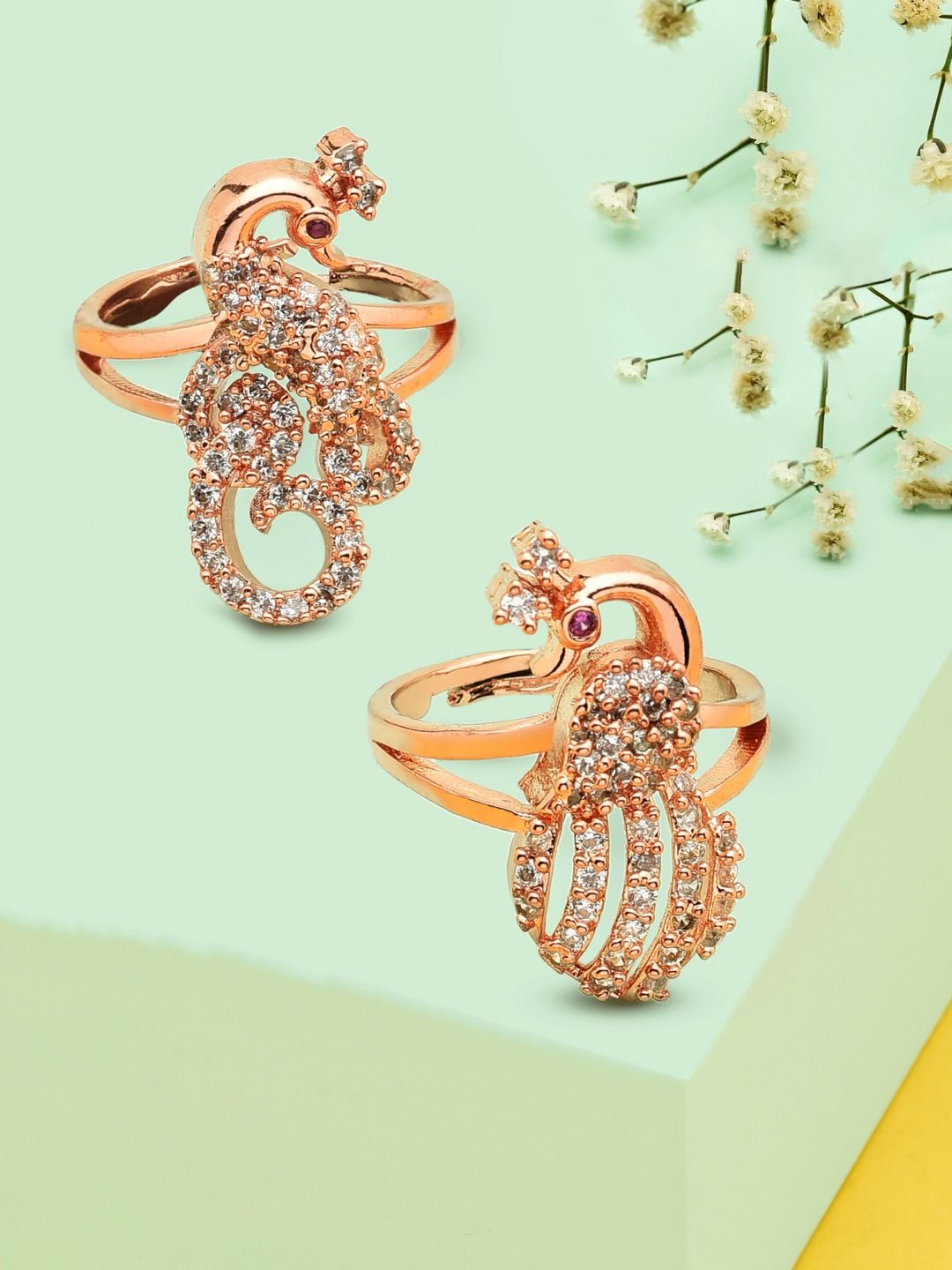 Zaveri Pearls Set Of 2 Rose Gold-Plated White CZ-Studded Finger Ring Price in India