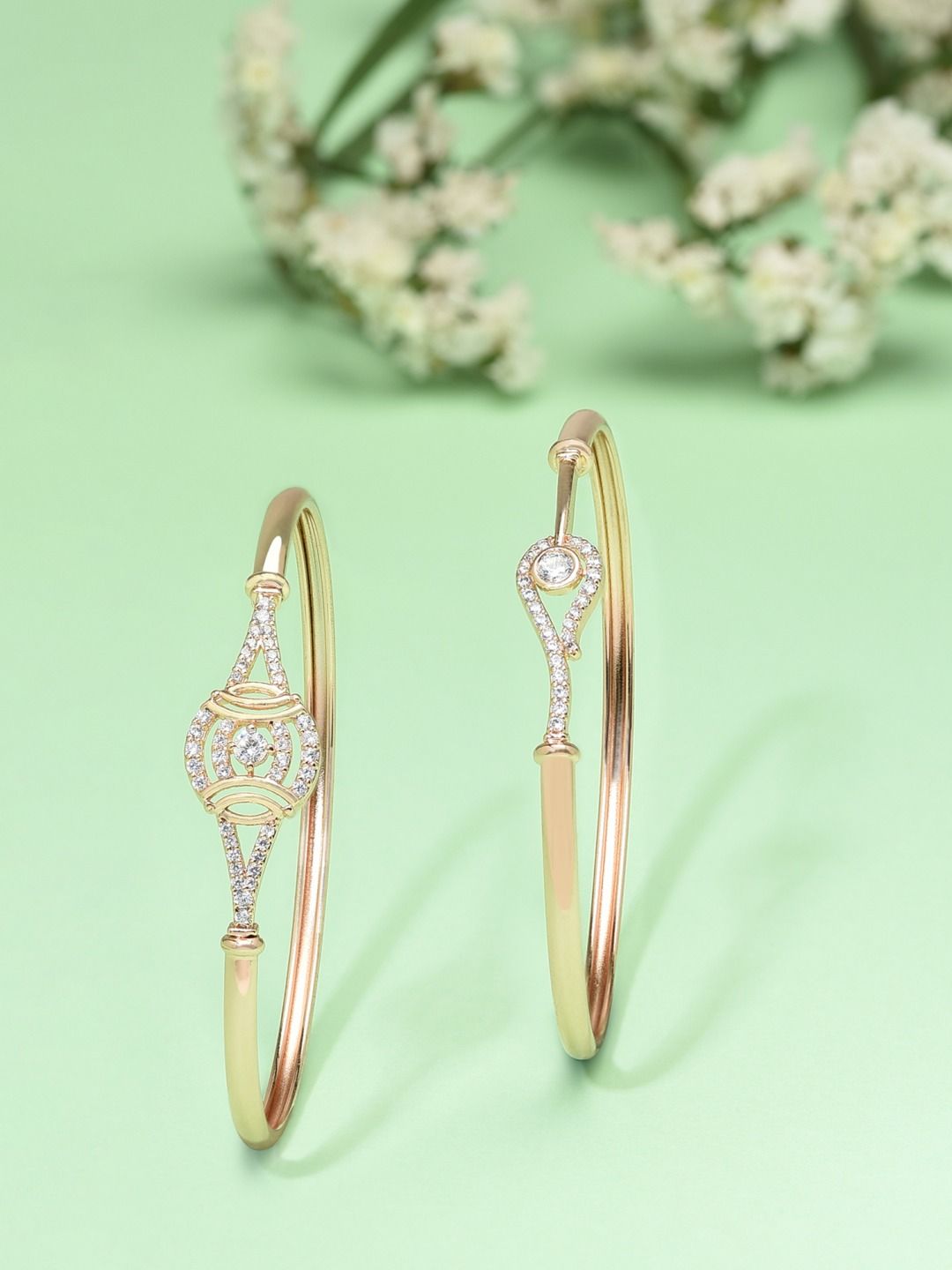 Zaveri Pearls Women Set Of 2 Rose Gold Plated & White Brass Cubic Zirconia Kada Bracelet Price in India