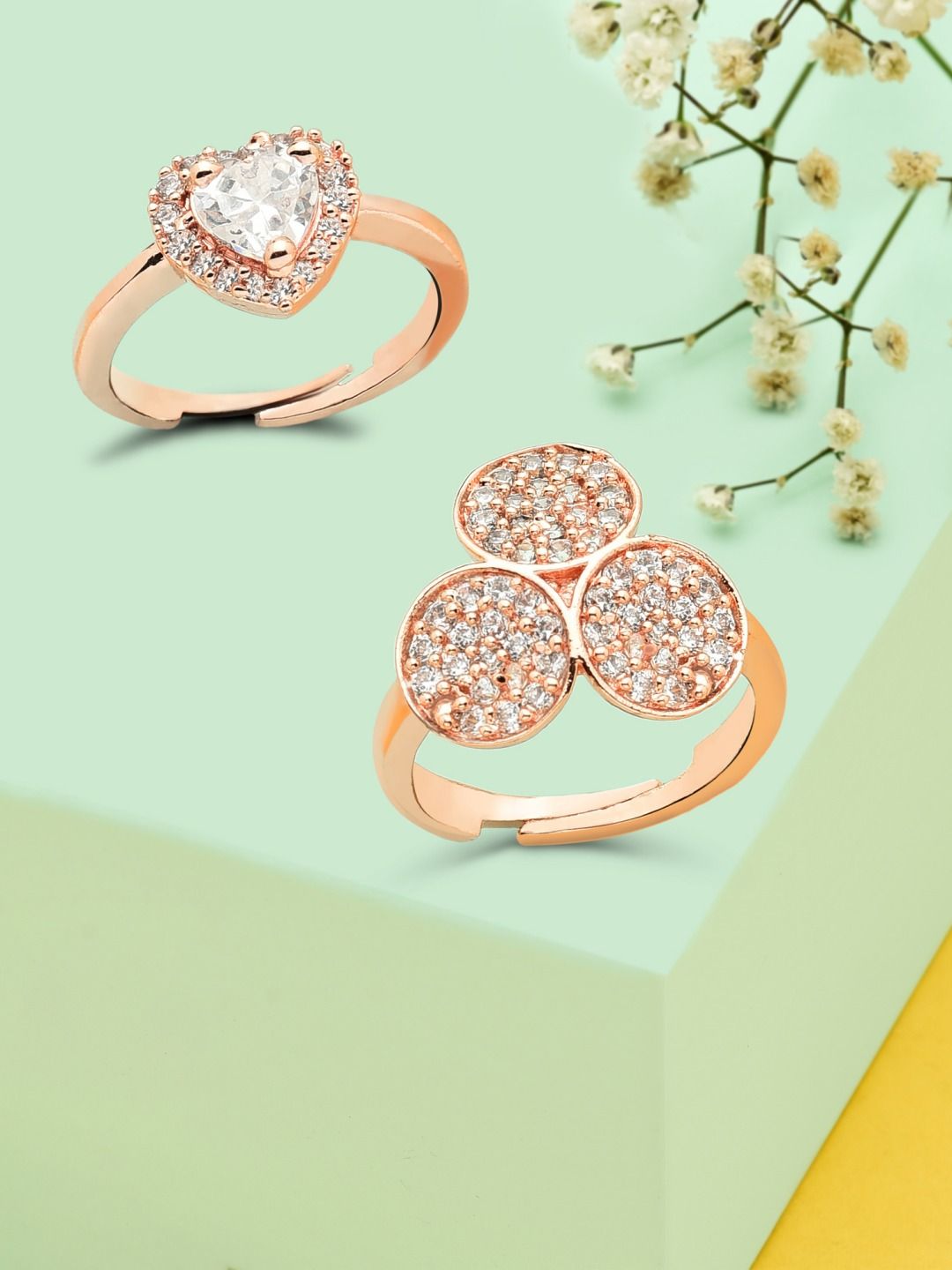 Zaveri Pearls Set Of 2 Rose Gold-Plated & White CZ-Studded Finger Rings Price in India