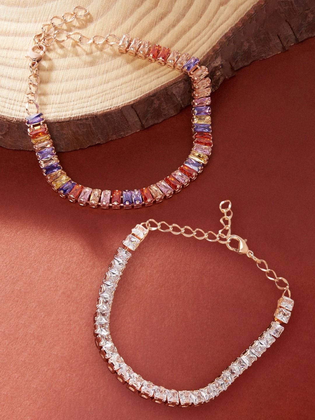 Zaveri Pearls Set Of 2 Multicoloured Cubic Zirconia Rose Gold-Plated Wraparound Bracelet Price in India