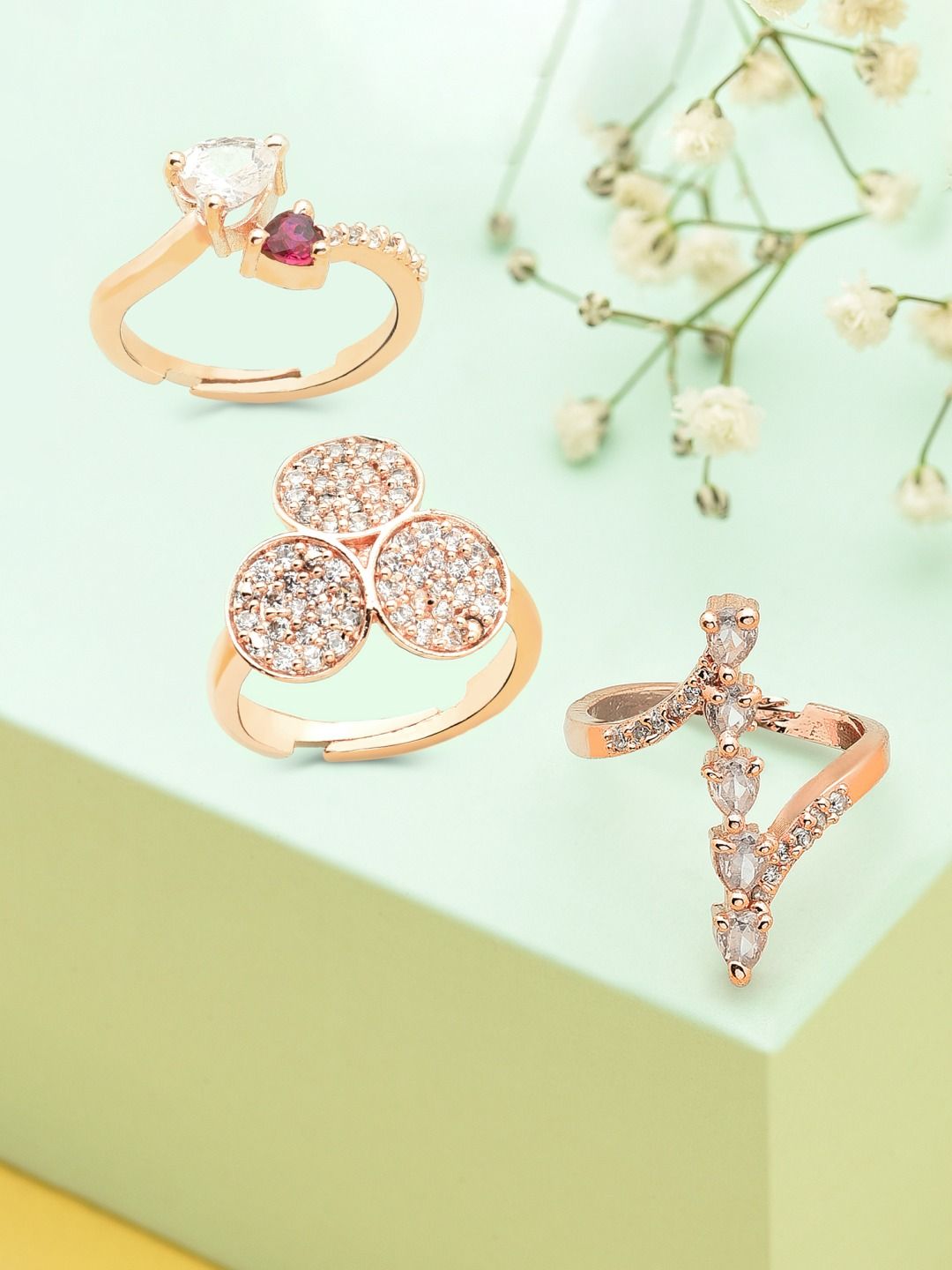 Zaveri Pearls Set Of 3 Rose Gold-Plated CZ-Studded Adjustable Contemporary Finger Rings Price in India