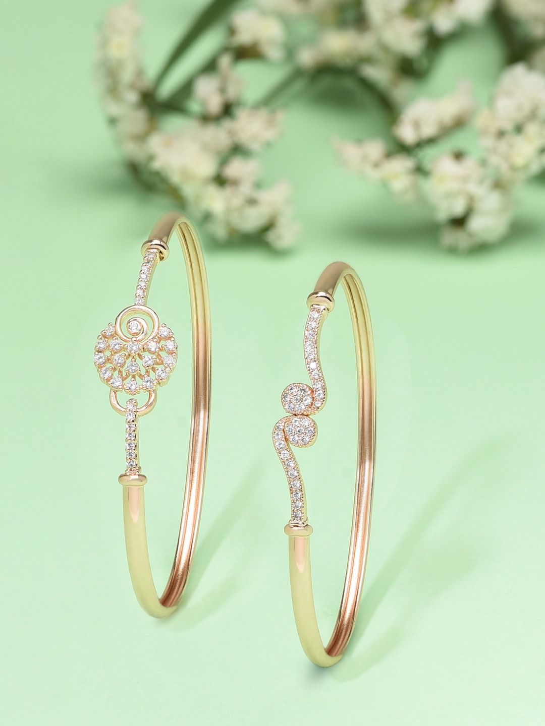 Zaveri Pearls Women 2 Rose Gold Brass Cubic Zirconia Rose Gold-Plated Kada Bracelet Price in India