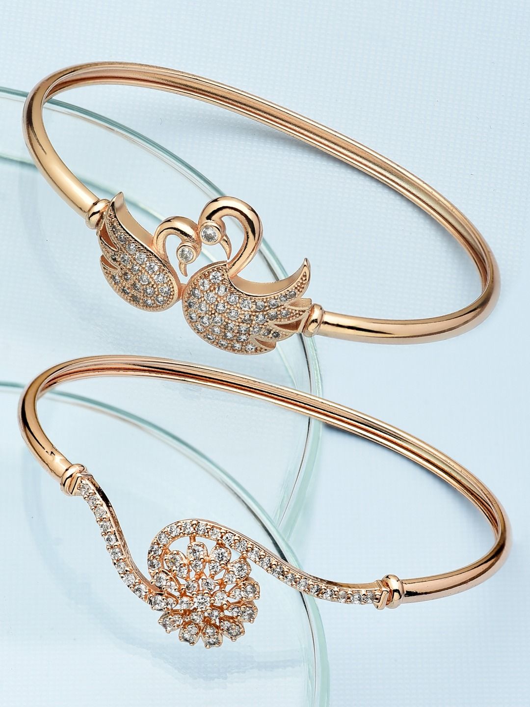 Zaveri Pearls Women Brass Cubic Zirconia Rose Gold-Plated Kada Bracelet Set Of 2 Price in India