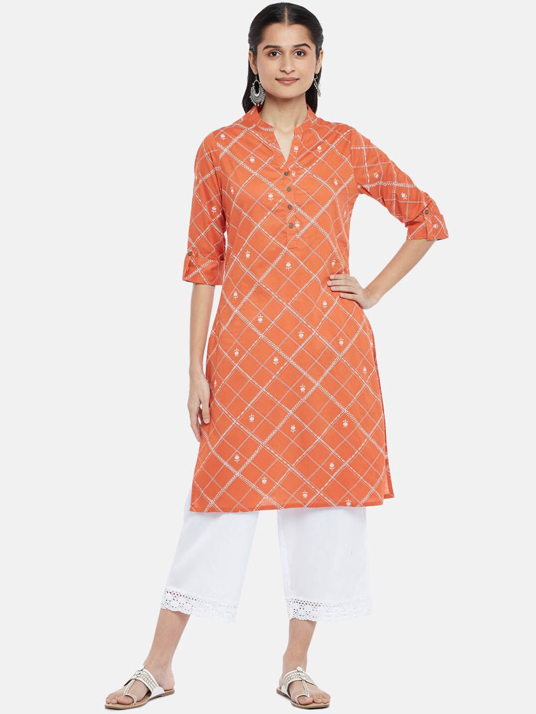 RANGMANCH BY PANTALOONS Women Orange Geometric Checked Cotton Kurta Price in India