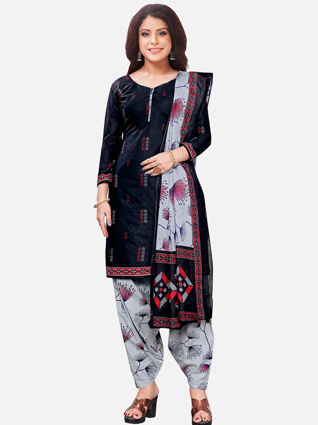 SALWAR STUDIO Black & Grey Printed Unstitched Dress Material Price in India