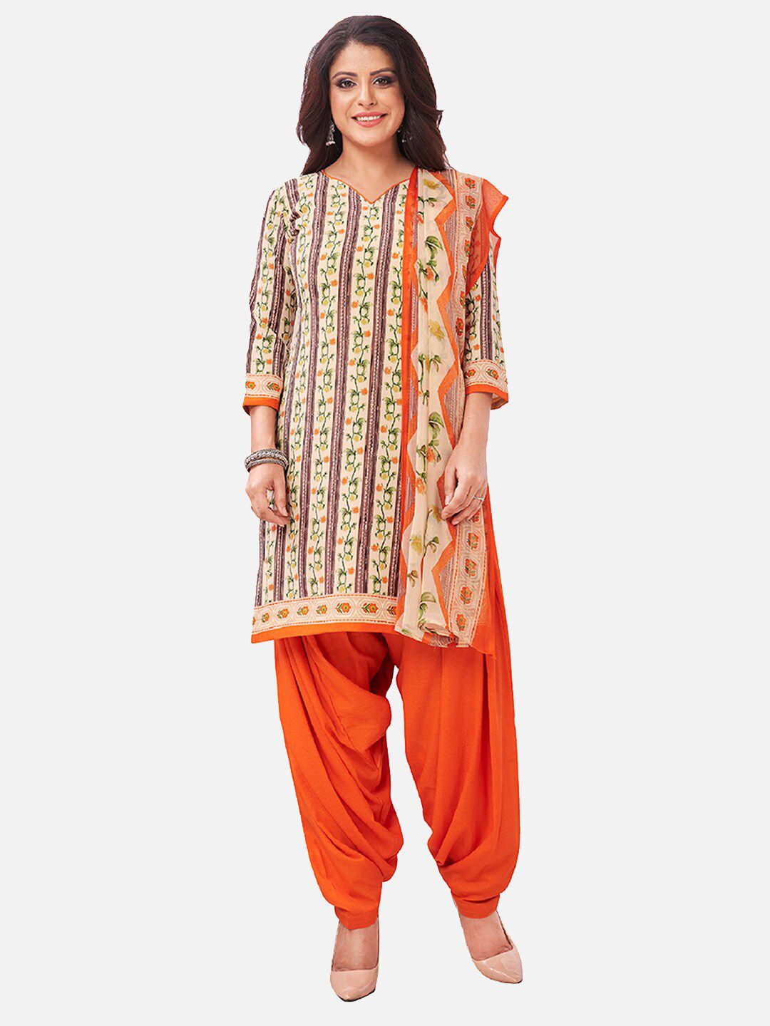 SALWAR STUDIO Women Orange & Beige Printed Unstitched Dress Material Price in India