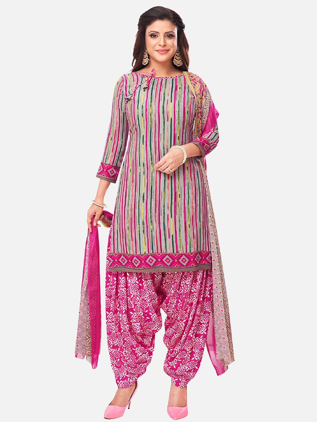 SALWAR STUDIO Pink & Grey Printed Unstitched Dress Material Price in India