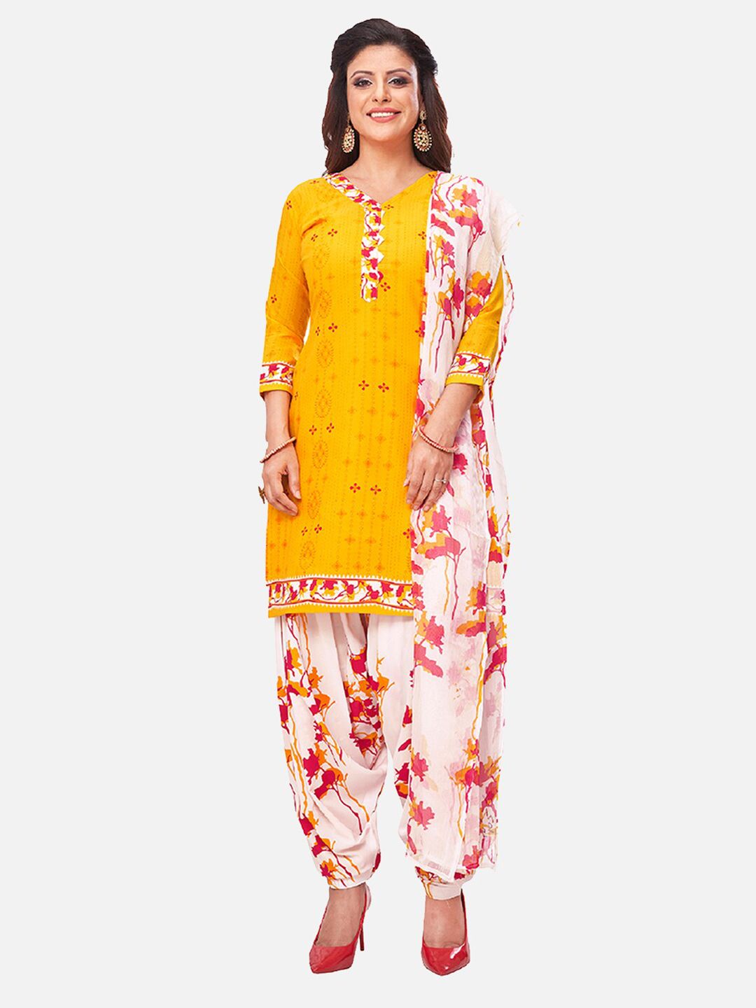SALWAR STUDIO Yellow & White Printed Unstitched Dress Material Price in India