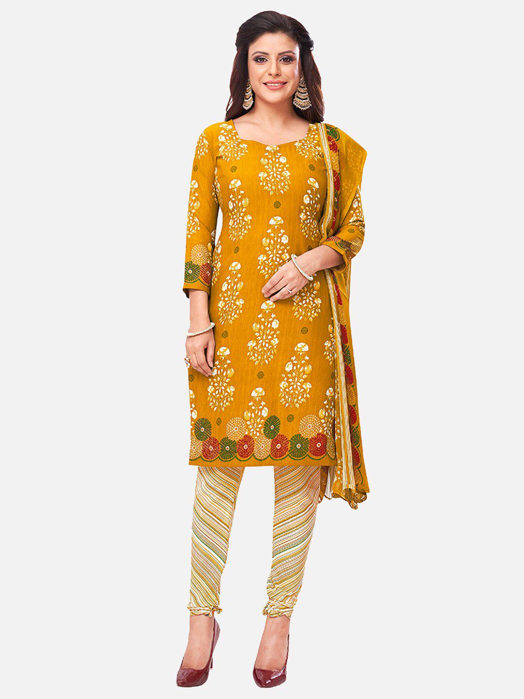 SALWAR STUDIO Women Yellow & White Printed Unstitched Dress Material Price in India