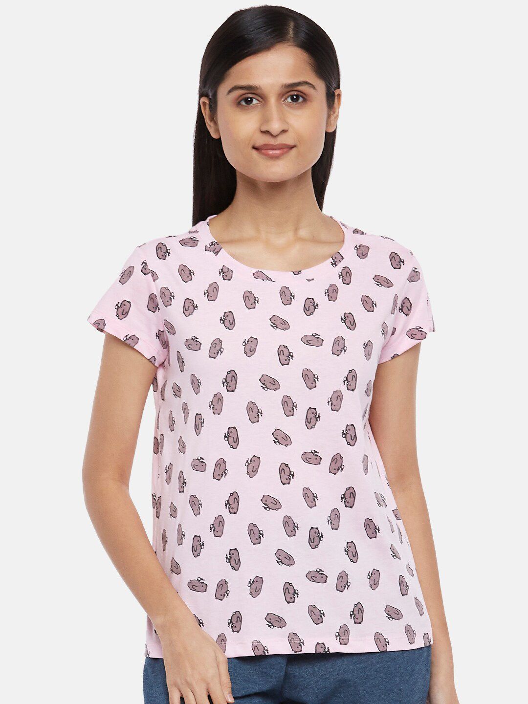 Dreamz by Pantaloons Pink Floral Print Pure Cotton Regular Lounge tshirt Price in India