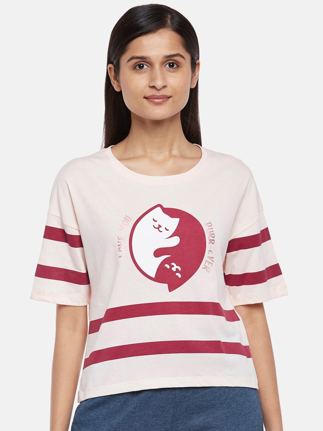 Dreamz by Pantaloons Beige & Red Striped Pure Cotton Regular Lounge tshirt Price in India