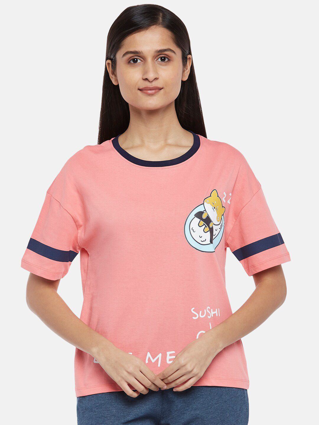 Dreamz by Pantaloons Pink & Blue Graphic Print Pure Cotton Regular Lounge tshirt Price in India