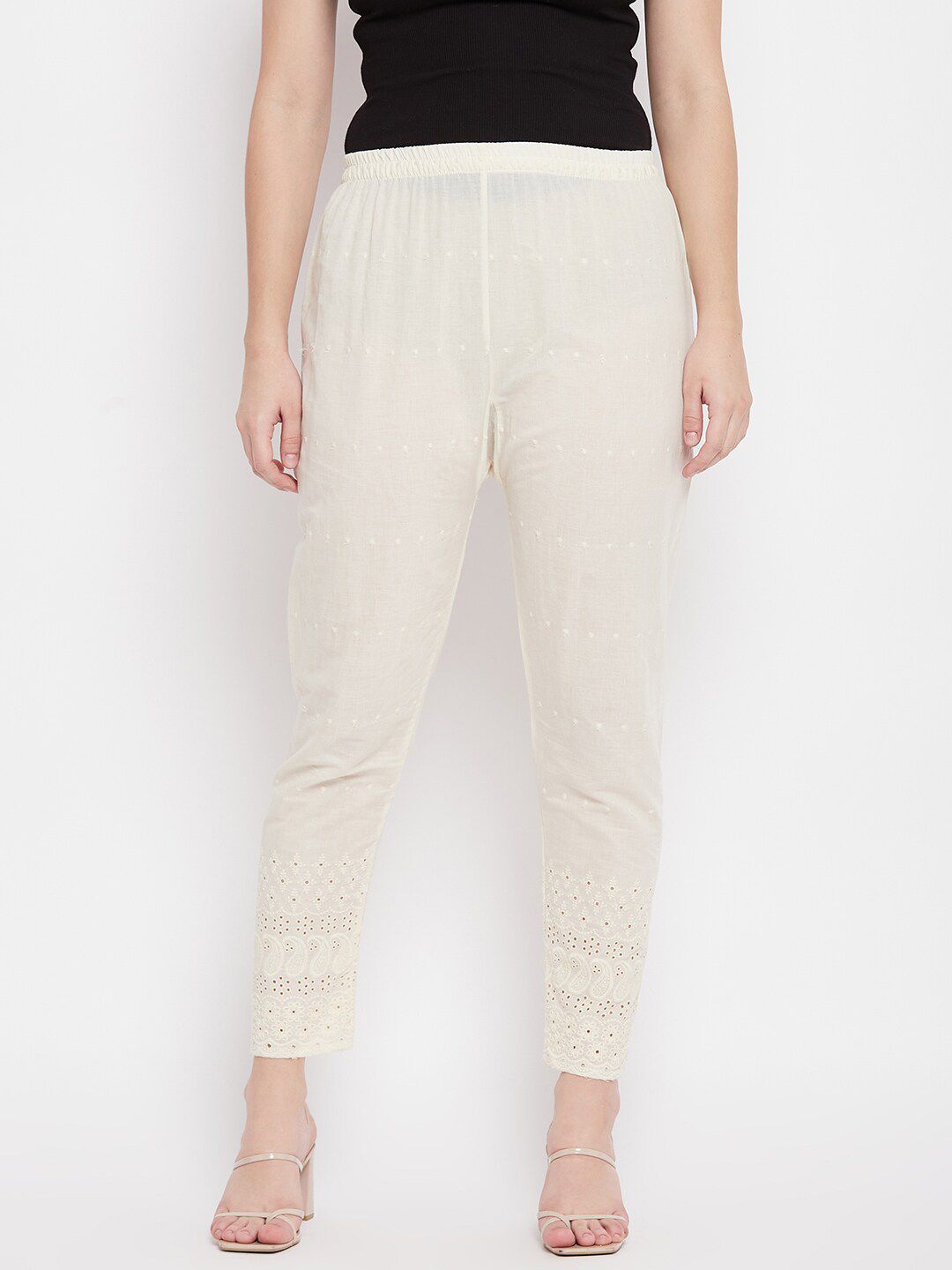 Clora Creation Women Cream-Coloured Self Design Cotton Palazzos