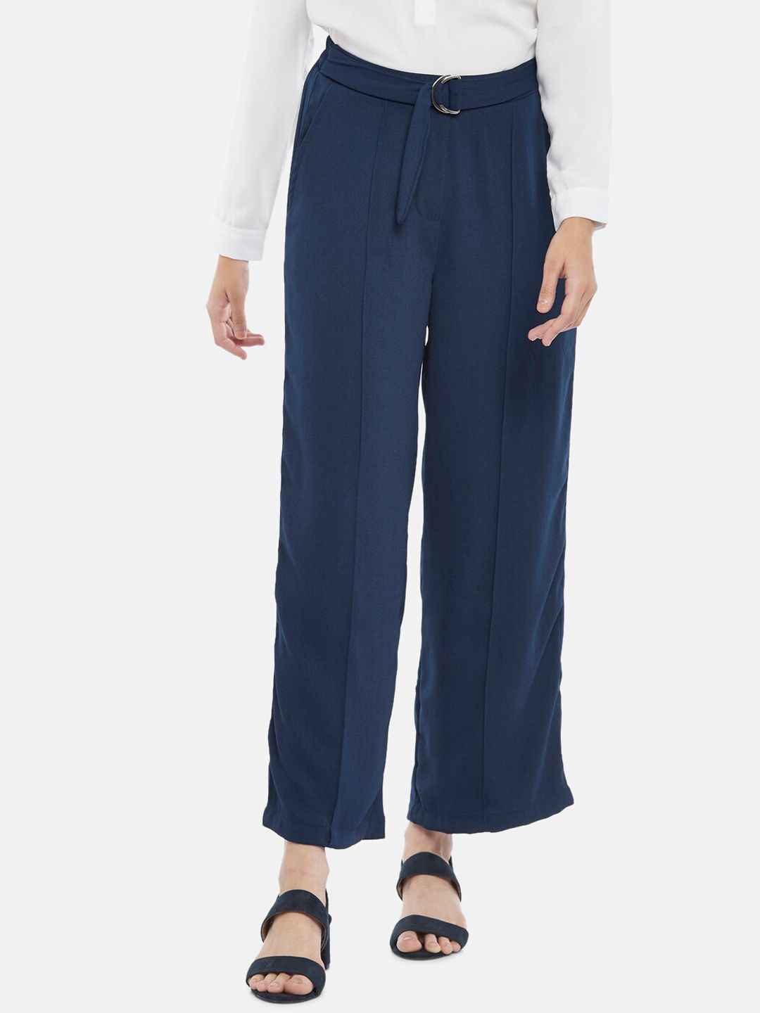 Annabelle by Pantaloons Women Navy Blue Straight Fit High-Rise Pleated Trousers Price in India