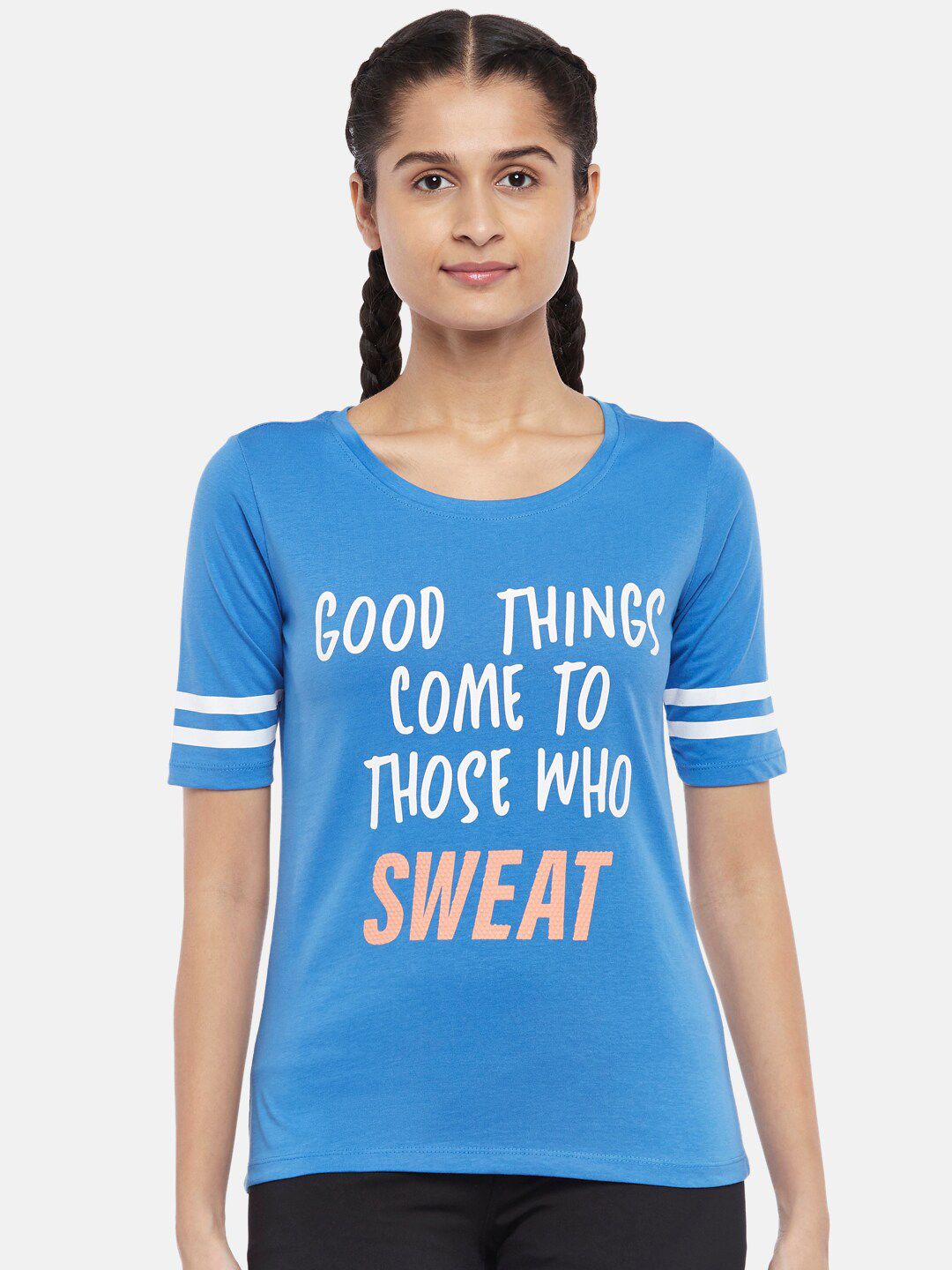 Ajile by Pantaloons Women Blue & White Typography Printed Cotton T-shirt Price in India