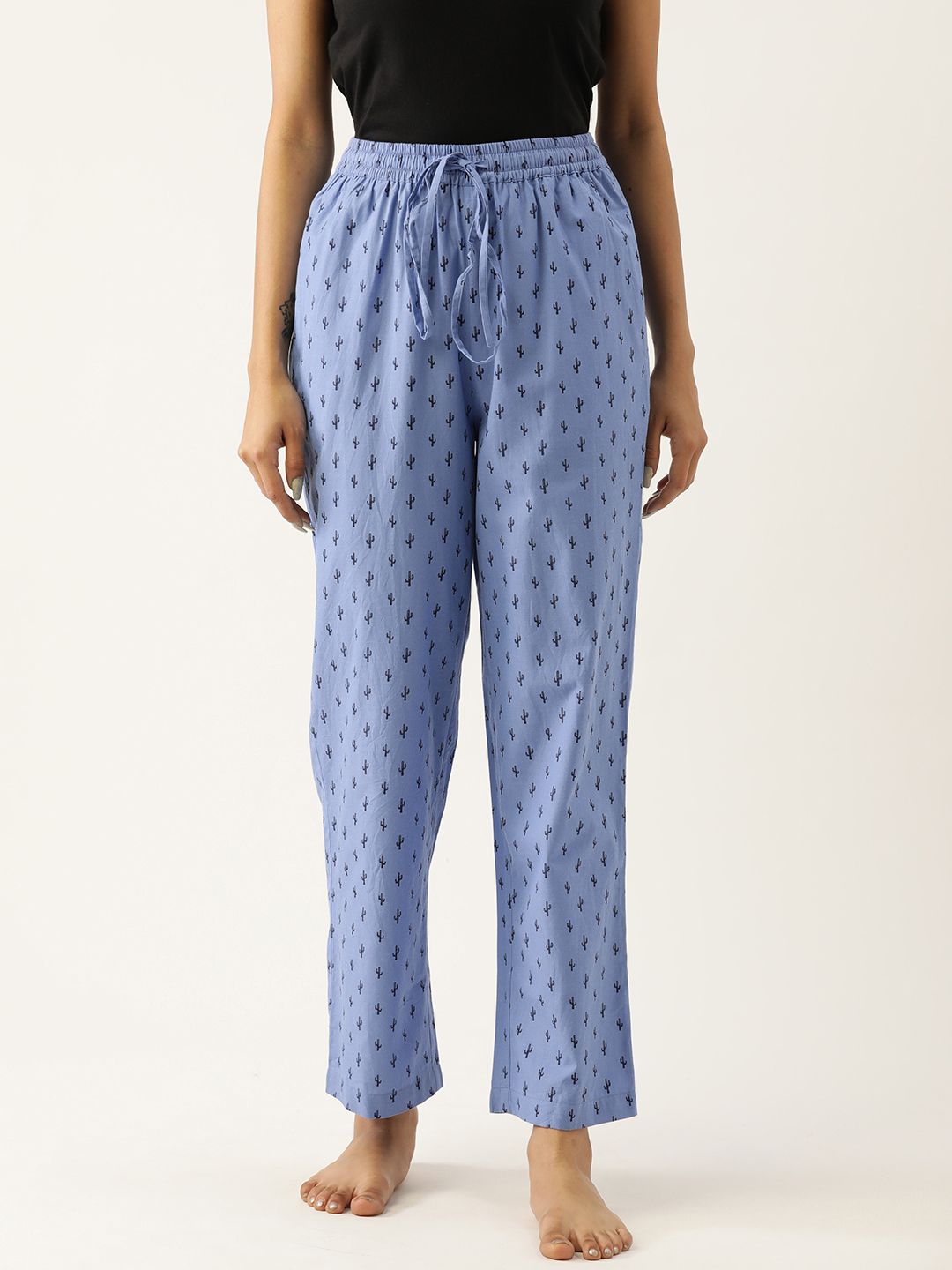 Not Just Pyjamas Women Blue Printed Cotton Lounge Pants Price in India