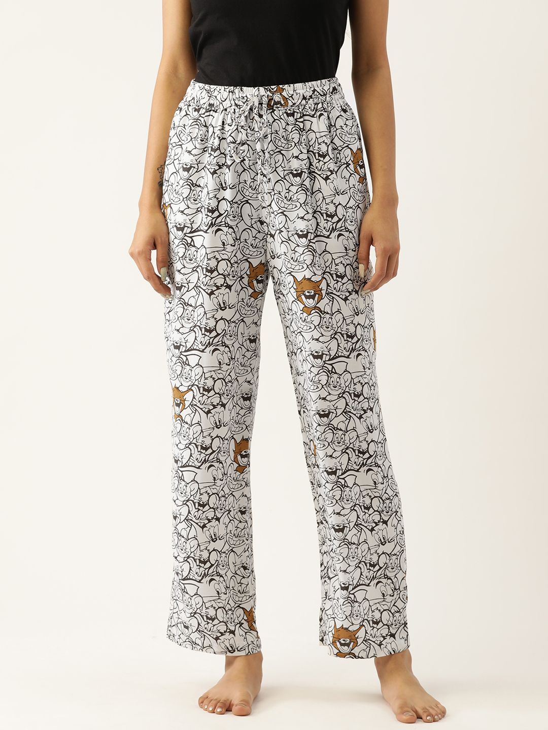 Not Just Pyjamas Women White & Black Tom & Jerry Printed Lounge Pants Price in India