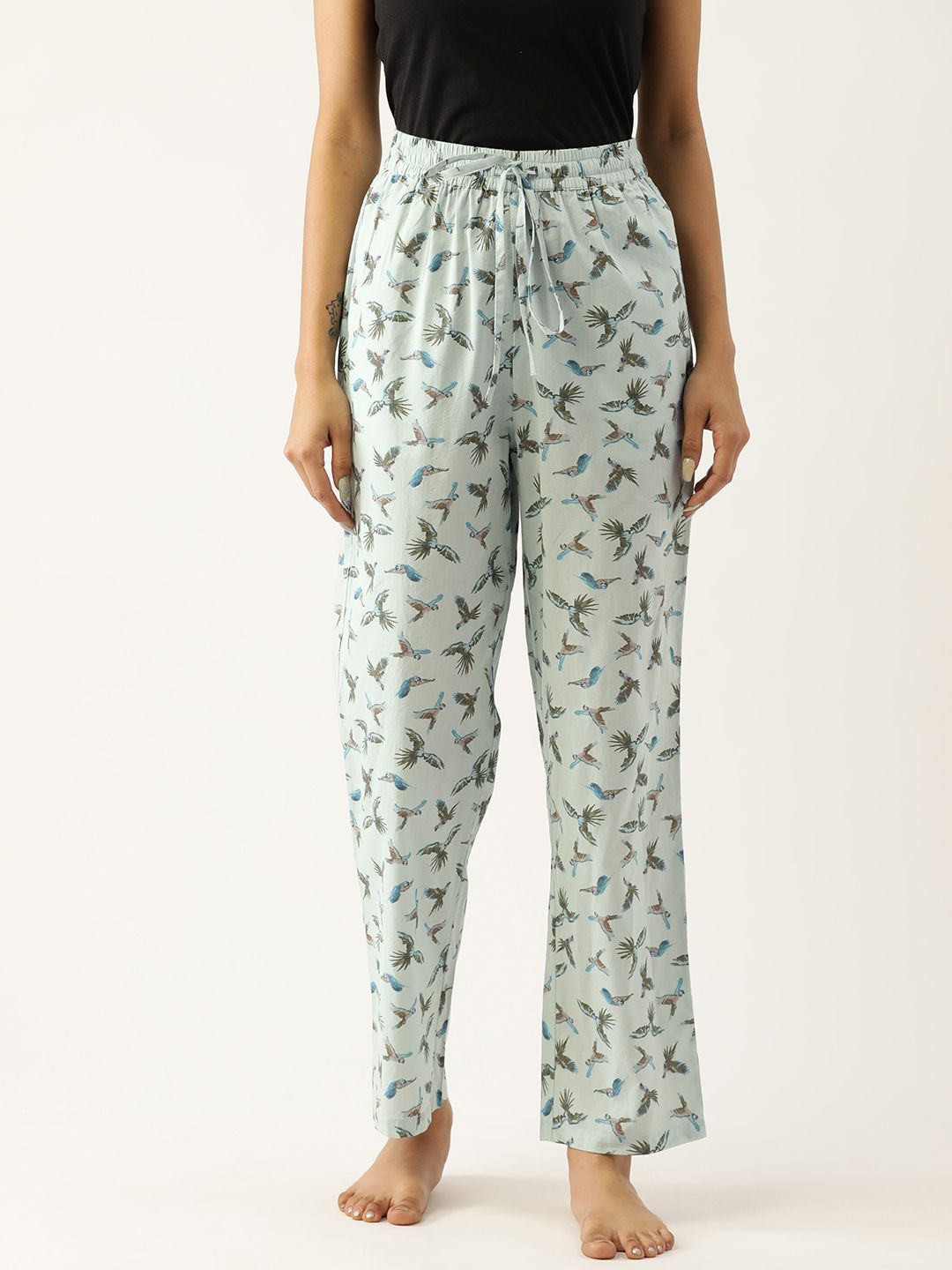 Not Just Pyjamas Women Turquoise Blue Printed Cotton Lounge Pants Price in India