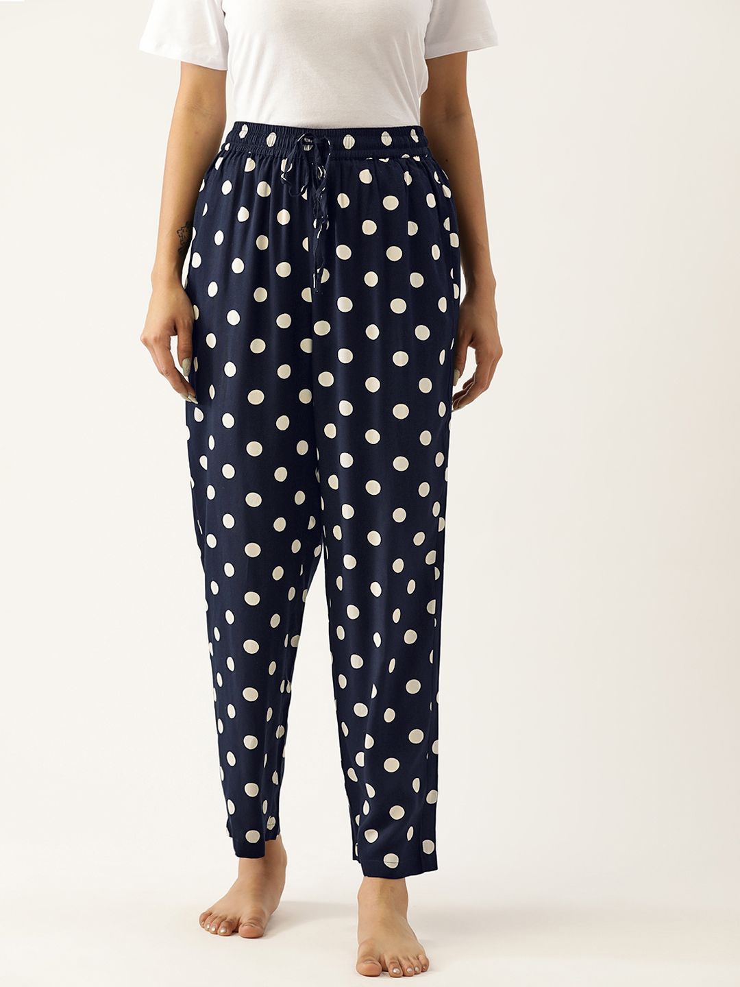 Not Just Pyjamas Women Navy Blue Polka Dots Printed Lounge Pants Price in India