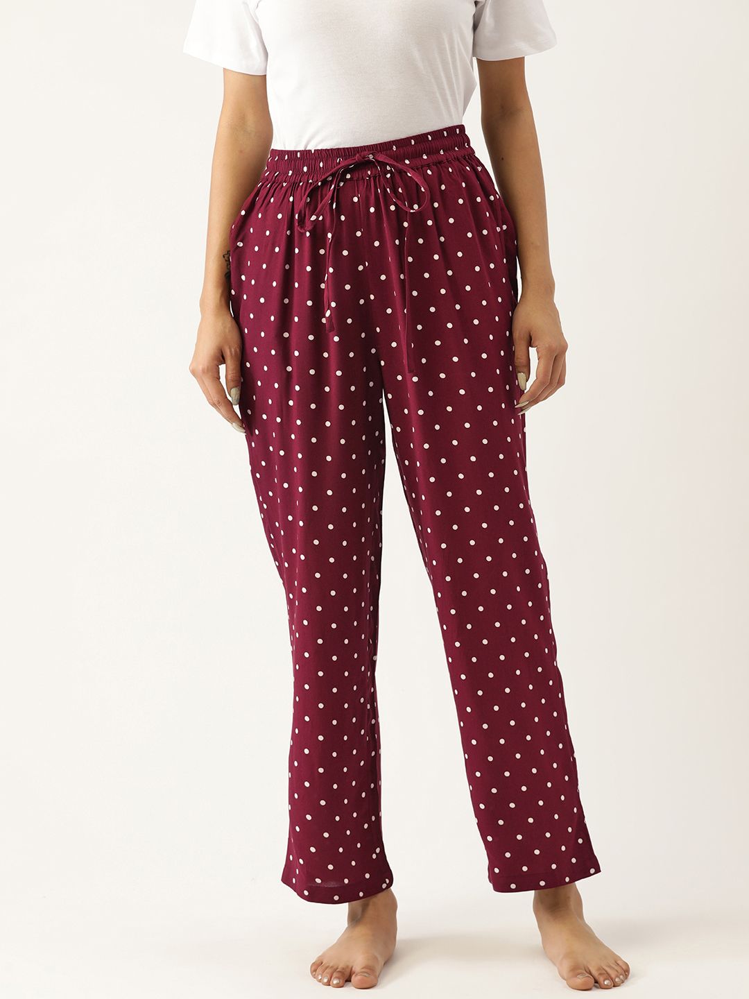 Not Just Pyjamas Women Maroon Polka Dots Printed Lounge Pants Price in India