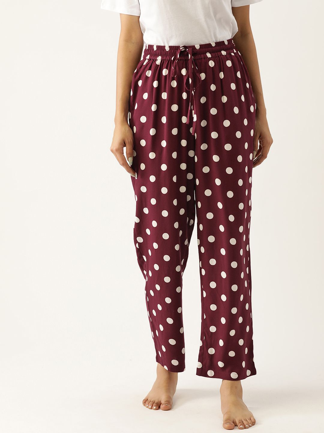 Not Just Pyjamas Women Maroon Polka Dots Printed Lounge Pants Price in India