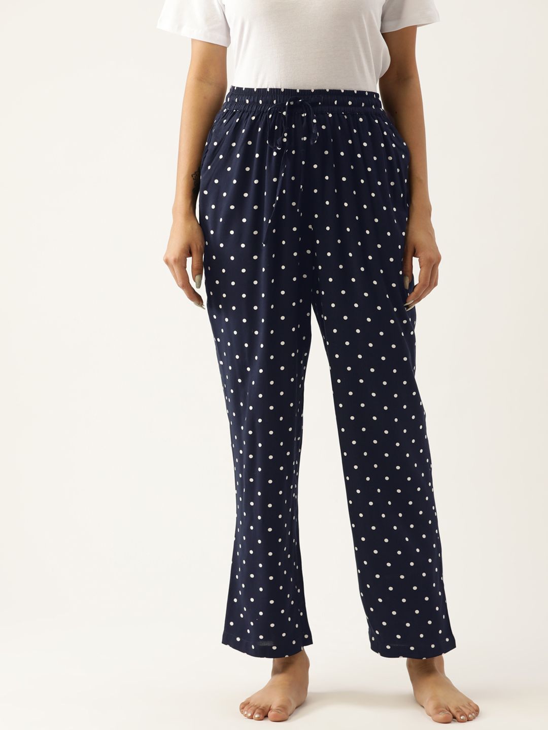 Not Just Pyjamas Women Navy Blue Polka Dots Printed Lounge Pants Price in India