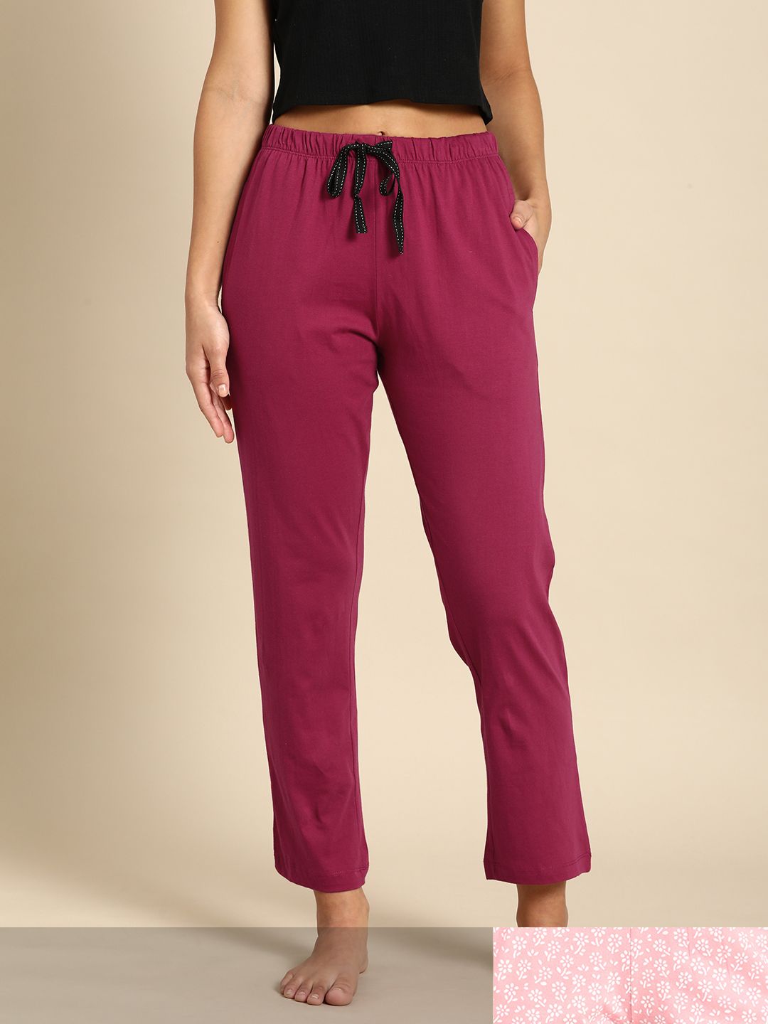 Dreamz by Pantaloons Women Set Of 2 Pink & Maroon Printed Lounge Pants Price in India