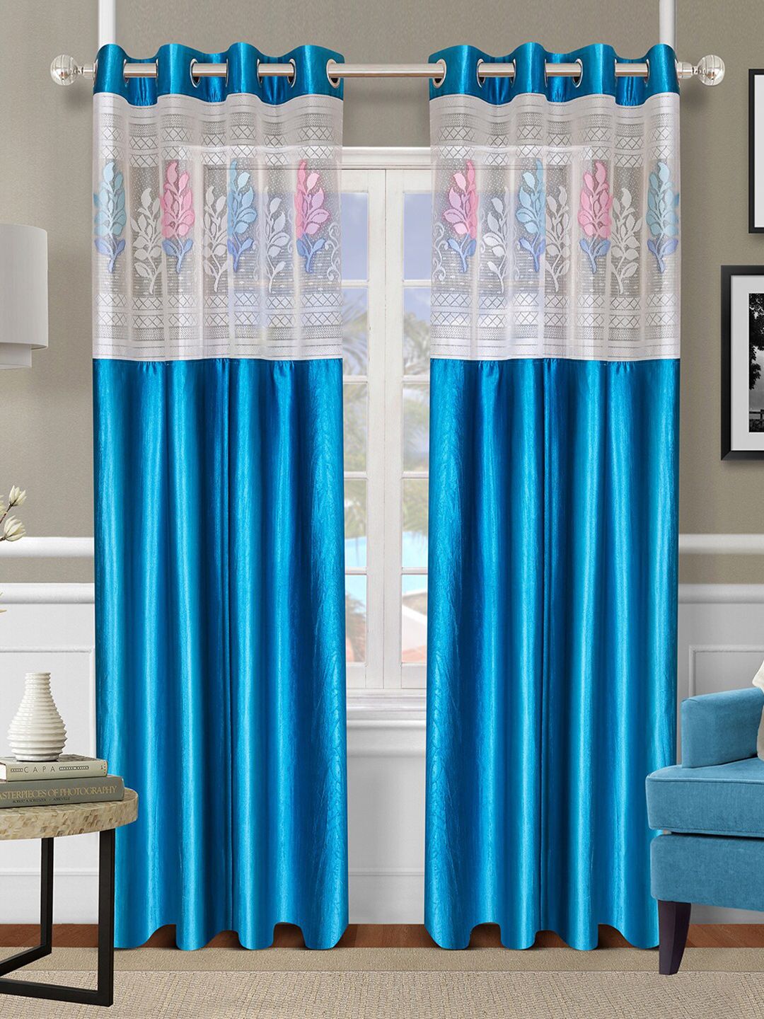 ROMEE Turquoise Blue & White Set of 2 Floral Sheer Long Door Curtain Price in India