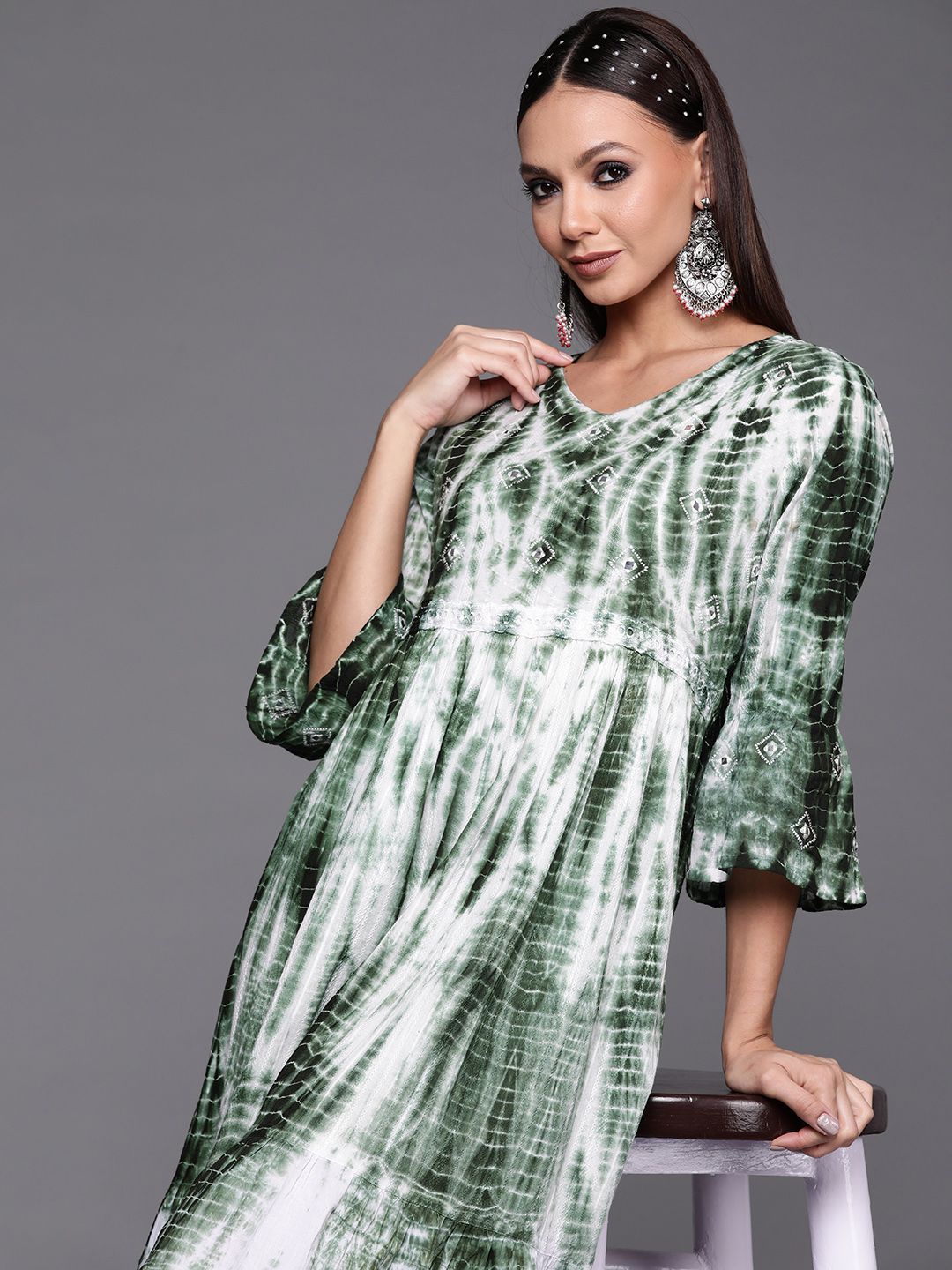 Indo Era Green & White Tie and Dye Dyed Ethnic A-Line Midi Dress Price in India