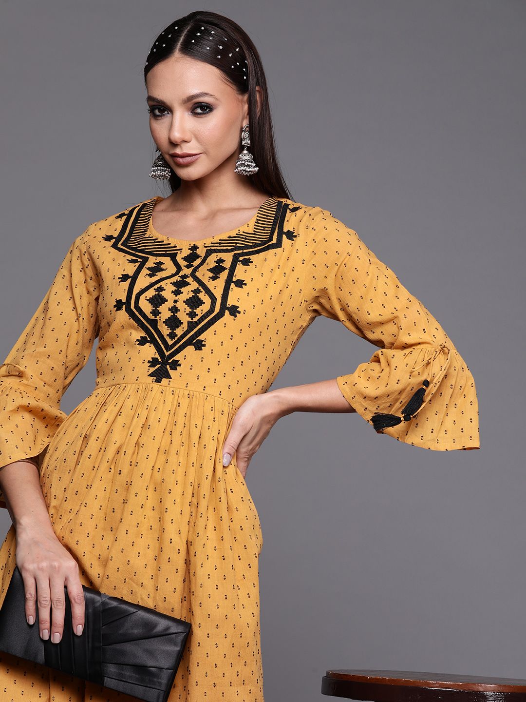 Indo Era Mustard Yellow Ethnic Motifs Embroidered Ethnic A-Line Midi Dress Price in India