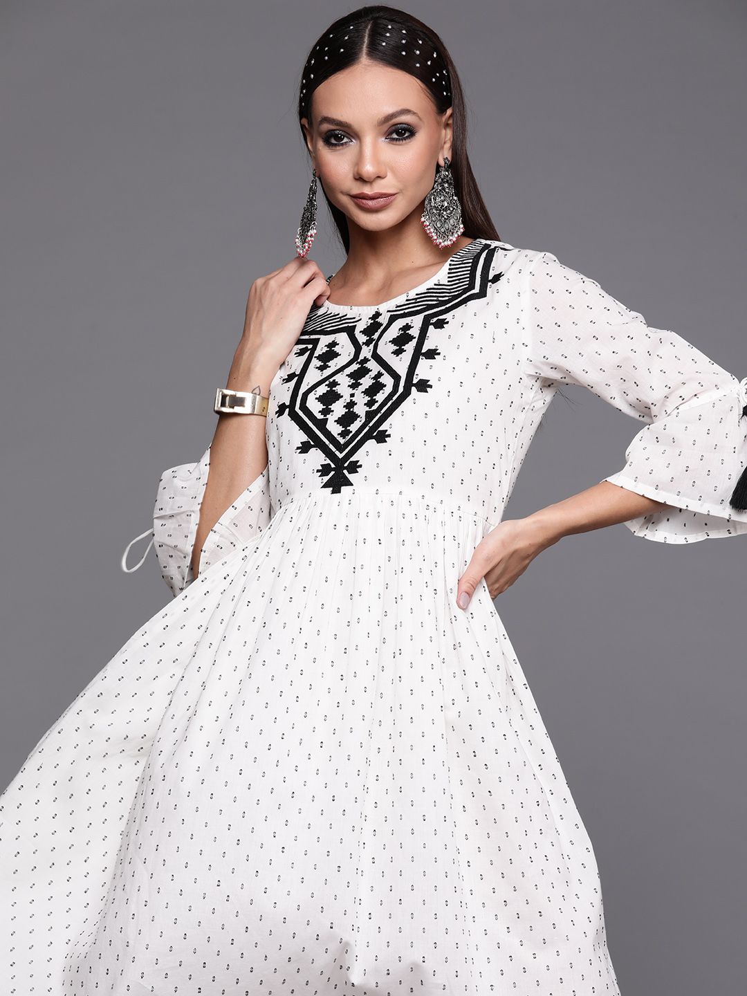 Indo Era White Ethnic Motifs Embroidered Ethnic A-Line Dress Price in India