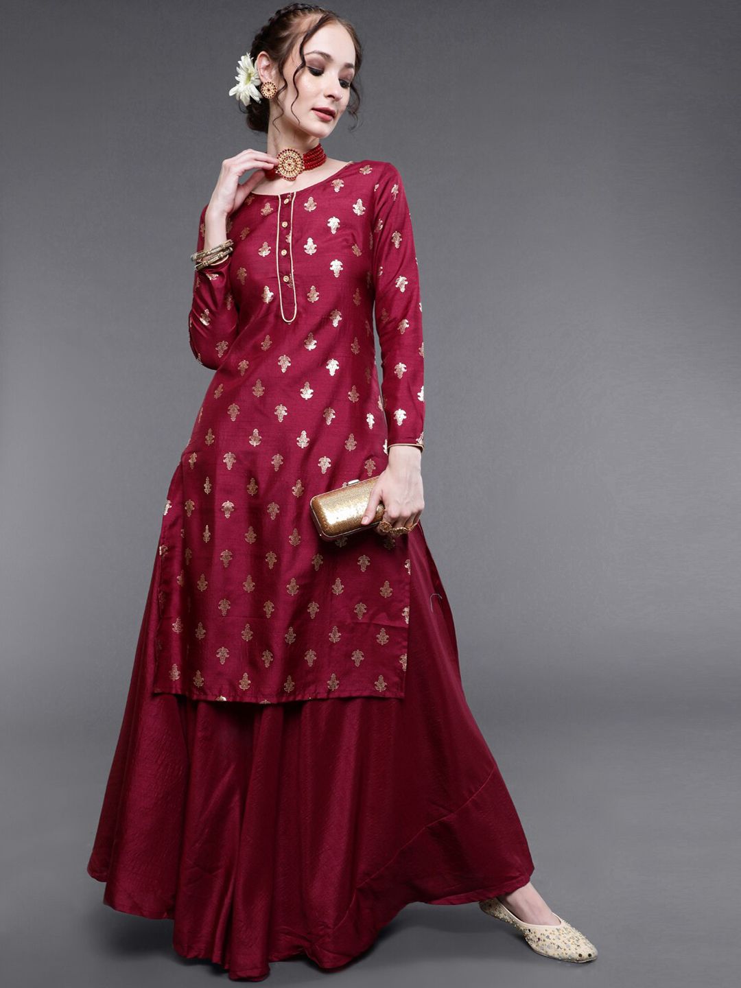 saubhagya Women Burgundy Ethnic Motifs Printed Kurta with Skirt Price in India